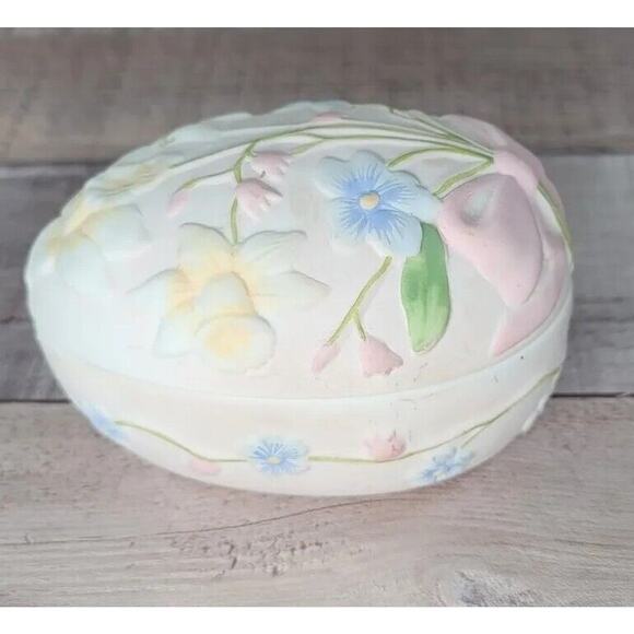 Trinket Box Silvestri Egg Hand Painted Raised Floral Lid Vintage - Picture 5 of 9